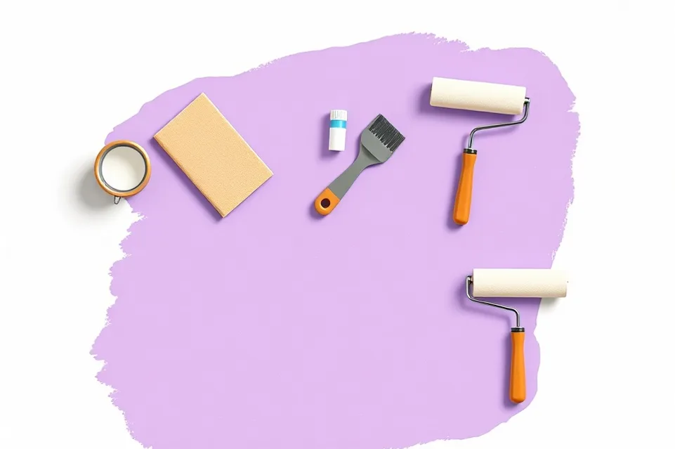 Outils de peinture disposés dans l'ordre des étapes du chantier
