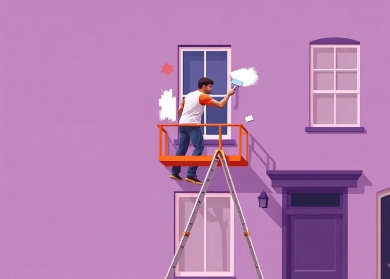 Peintre sur échafaudage traitant la façade d'une maison